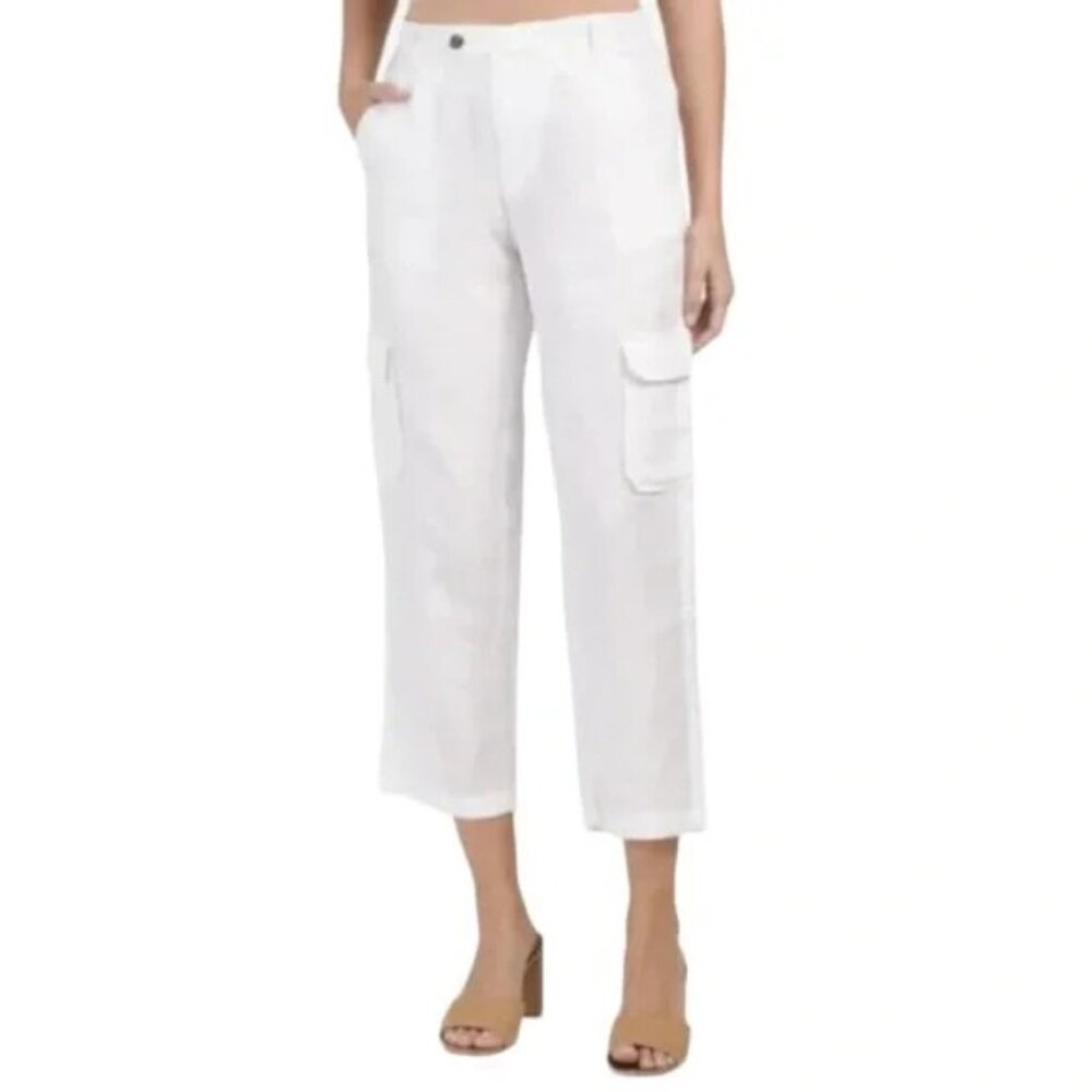 Rachel Roy White Linen Crop Cargo Straight Leg Pants Women's Large